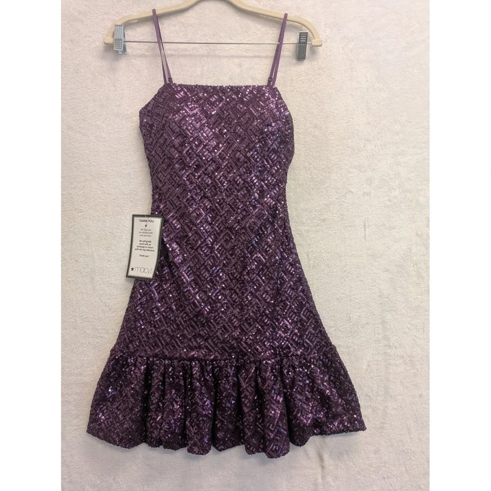 Emerald Sundae Purple Sequin Strappy Ruffle Hem Party Dress‎ Women's XS